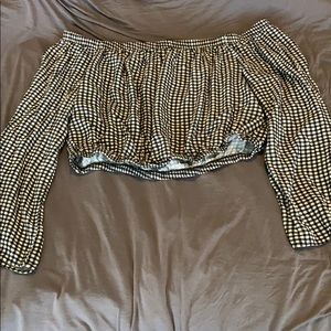 long sleeve off the shoulder checkered top